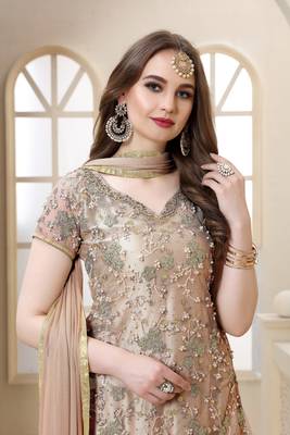 Rosybrown Color  Embroidered Moti Work Net  Sharara suit 2
