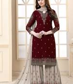 Maroon embroidered faux Georgette semi-stitched sharara suit