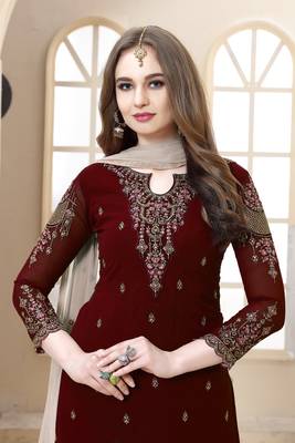 Maroon embroidered faux Georgette semi-stitched sharara suit 2
