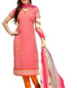 Peach Printed Cotton Unstitched Salwar With Dupatta