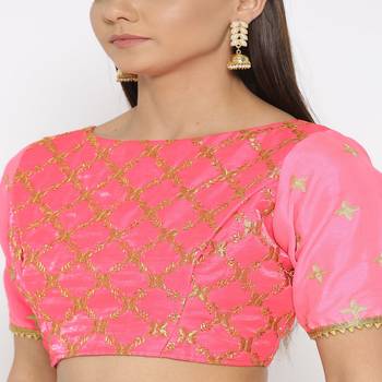 Pink Embroidered Brocade Readymade Blouse 2