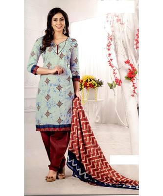 Blue Printed Cotton Unstitched Salwar With Dupatta 1