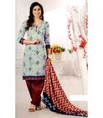 Blue Printed Cotton Unstitched Salwar With Dupatta