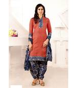 Peach Printed Cotton Unstitched Salwar With Dupatta