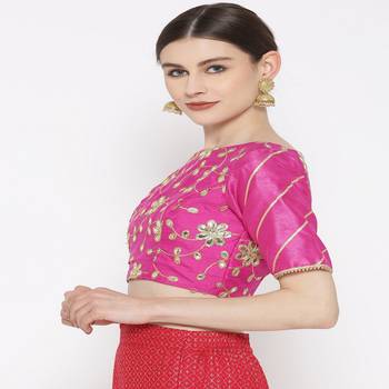 Fuchsia Embroidered Brocade Readymade Blouse 3