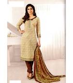 Cream Printed Cotton Unstitched Salwar With Dupatta