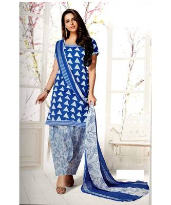 Blue Printed Cotton Unstitched Salwar With Dupatta 1
