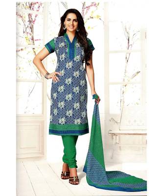 Blue Printed Cotton Unstitched Salwar With Dupatta 1