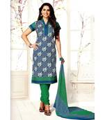 Blue Printed Cotton Unstitched Salwar With Dupatta