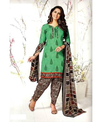 Green Printed Cotton Unstitched Salwar With Dupatta 1