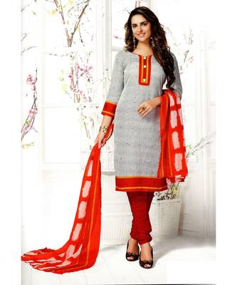 White Printed Cotton Unstitched Salwar With Dupatta 1