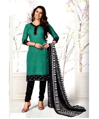 Green Printed Cotton Unstitched Salwar With Dupatta 1