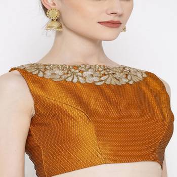 Mustard Embroidered Brocade Readymade Blouse 4