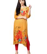 Yellow printed liva kurtas-and-kurtis