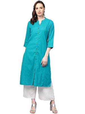 Teal plain cotton kurtas-and-kurtis 1
