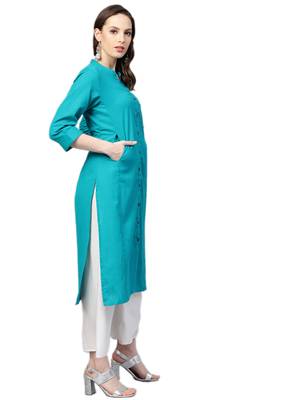 Teal plain cotton kurtas-and-kurtis 3