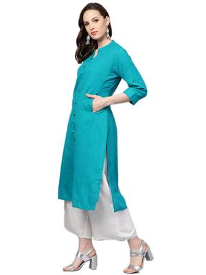 Teal plain cotton kurtas-and-kurtis 4