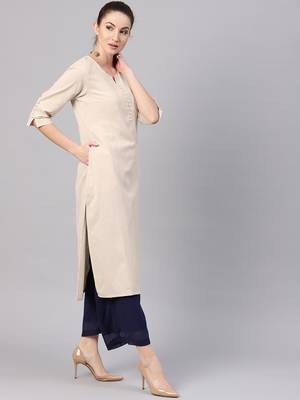 Beige plain cotton kurtas-and-kurtis 4