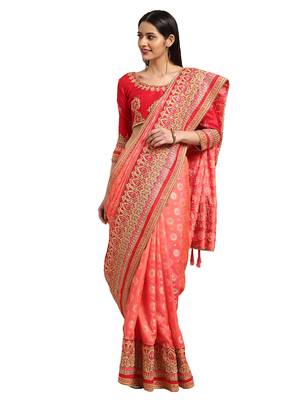 Peach Silk Jacquard Embroidered Saree With Blouse 1