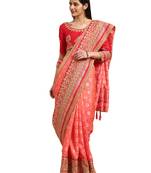 Peach Silk Jacquard Embroidered Saree With Blouse
