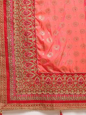 Peach Silk Jacquard Embroidered Saree With Blouse 2