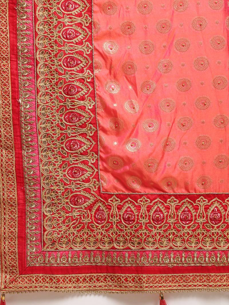 Peach Silk Jacquard Embroidered Saree With Blouse
