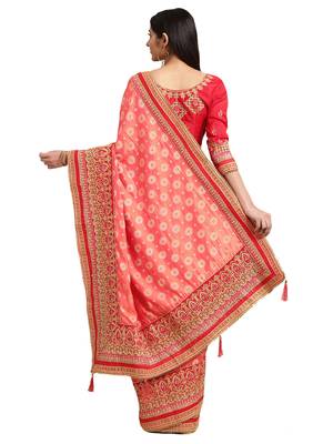 Peach Silk Jacquard Embroidered Saree With Blouse 3