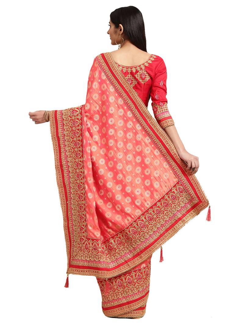 Peach Silk Jacquard Embroidered Saree With Blouse