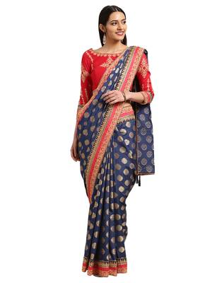 Navy Blue Silk Jacquard Embroidered Saree With Blouse 1