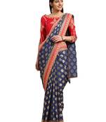 Navy Blue Silk Jacquard Embroidered Saree With Blouse