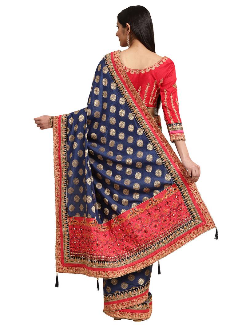 Navy Blue Silk Jacquard Embroidered Saree With Blouse