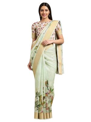 Green Linen Blend Digital Floral Print Saree With Blouse 1