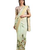 Green Linen Blend Digital Floral Print Saree With Blouse