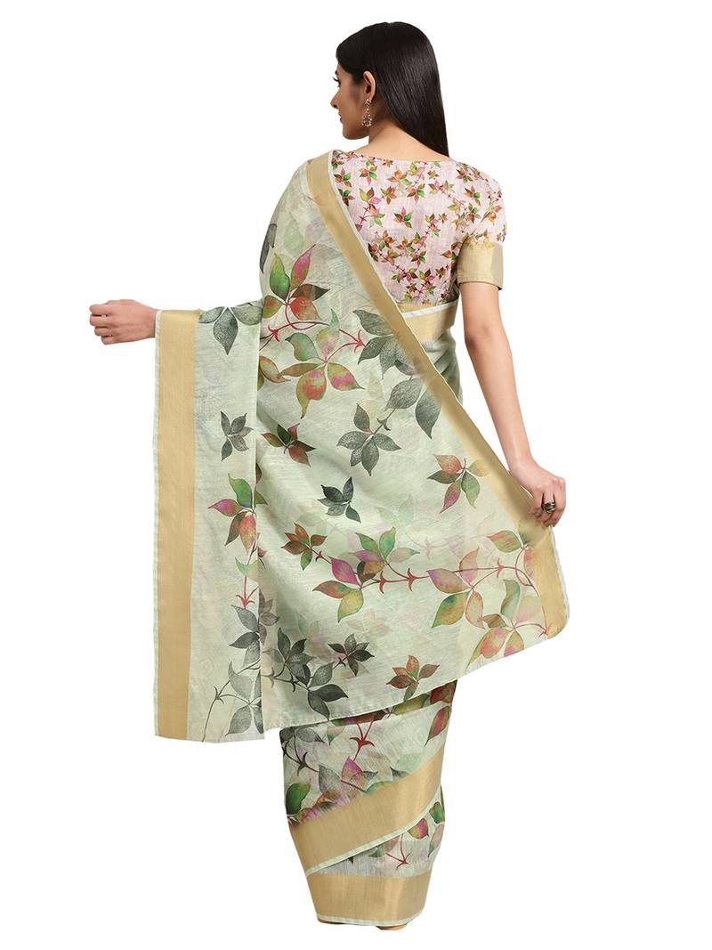Green Linen Blend Digital Floral Print Saree With Blouse