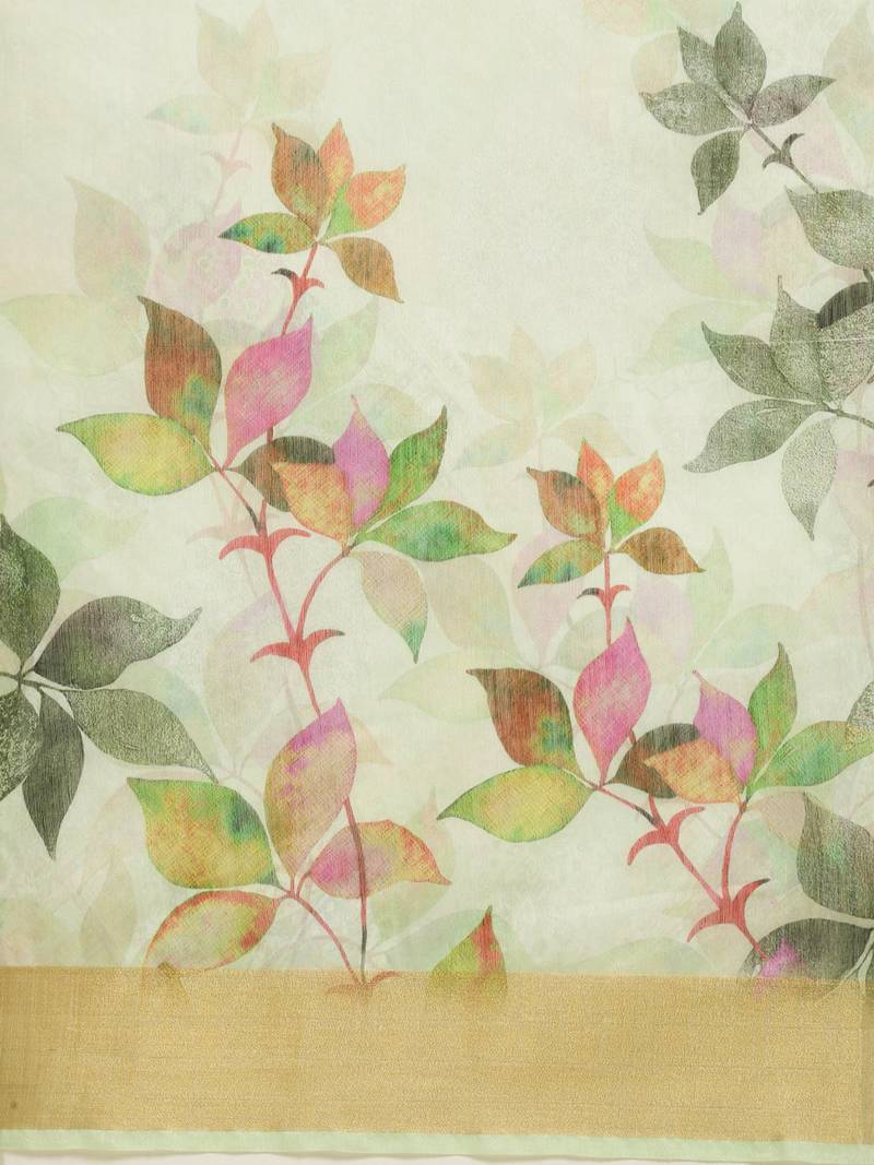 Green Linen Blend Digital Floral Print Saree With Blouse