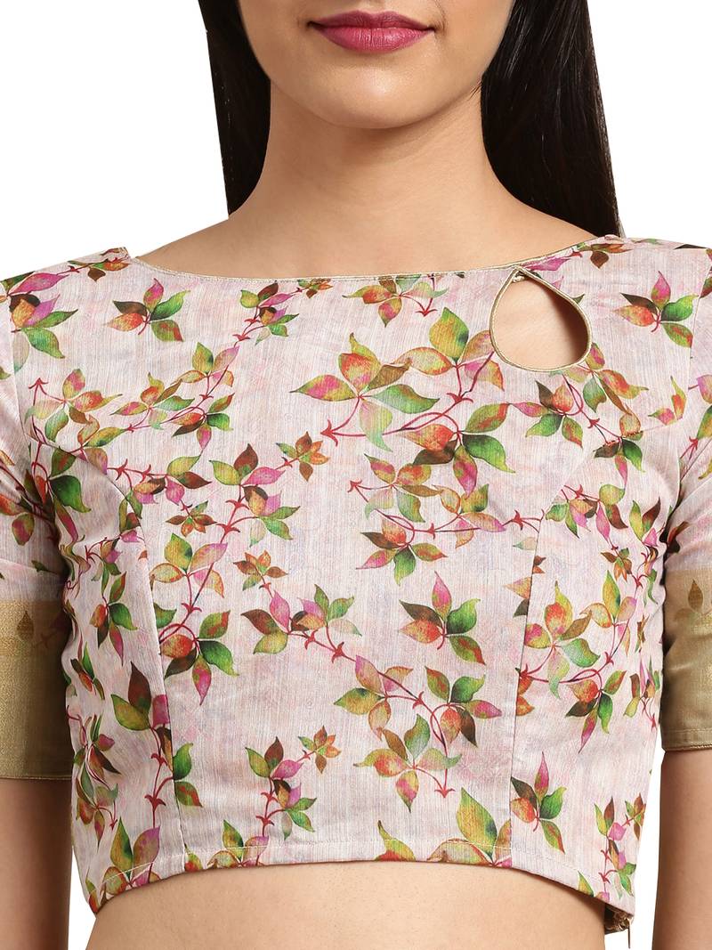 Green Linen Blend Digital Floral Print Saree With Blouse