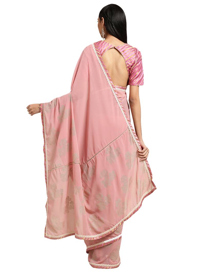 Pink Georgette Foil Print Saree With Blouse