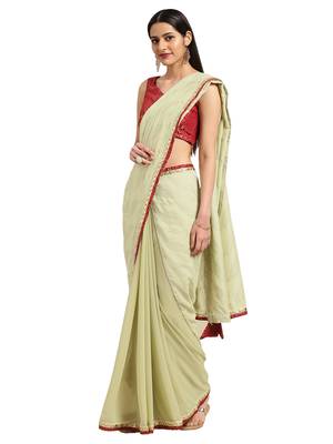 Green Georgette Foil Print Saree With Blouse 1