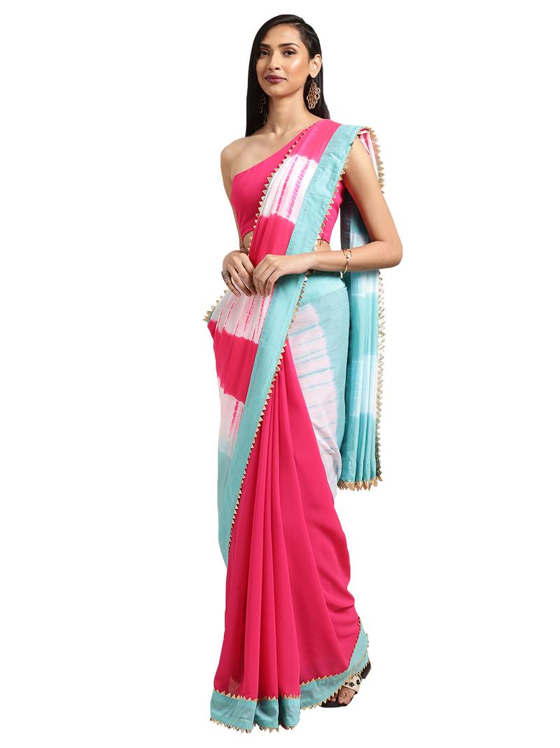 Pink Georgette Tie & Dye Saree With Blouse