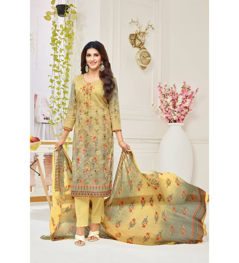 Bright yellow cambric cotton unstitched salwar material,vertical stripes all over,(lining optional)floral printed cambric cotton bottom, floral printed full length cambric cotton dupatta with pallu and printed borders. MR261607 main image 1