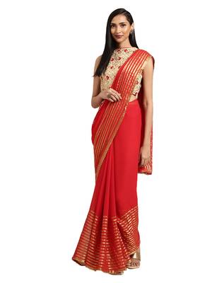 Red Viscose Georgette Woven Saree With Blouse 1