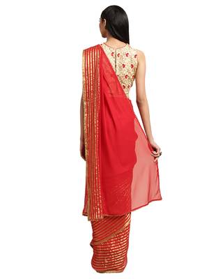 Red Viscose Georgette Woven Saree With Blouse 2