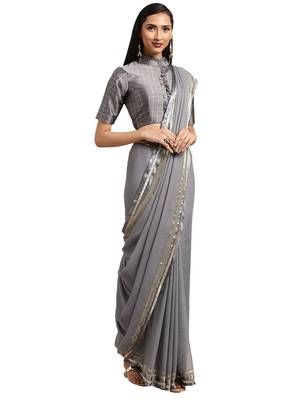 Grey Viscose Georgette Woven Saree With Blouse 1
