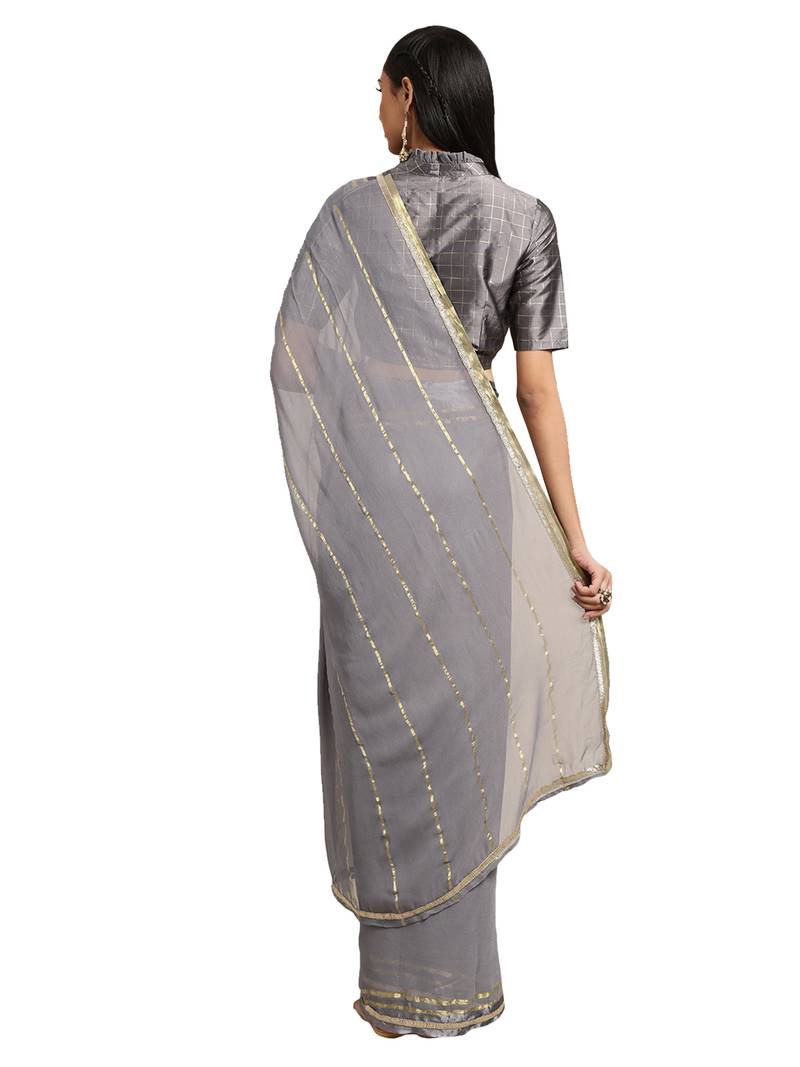 Grey Viscose Georgette Woven Saree With Blouse