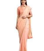 Peach Chiffon Woven Saree With Blouse
