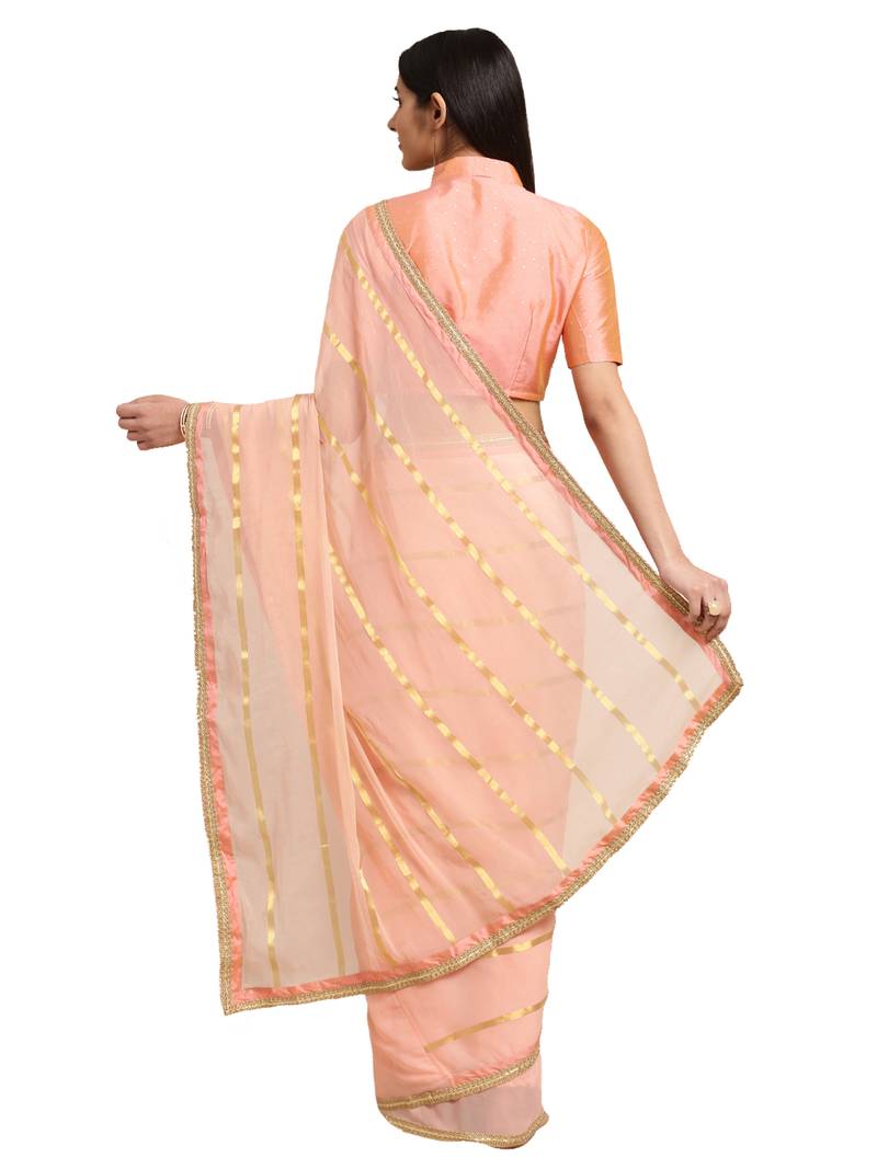 Peach Chiffon Woven Saree With Blouse