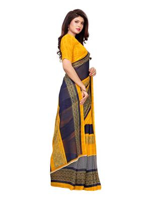 Yellow printed georgette saree with blouse 3