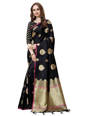 Black Woven Poly Silk Saree With Blouse 1