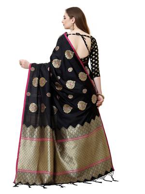 Black Woven Poly Silk Saree With Blouse 3