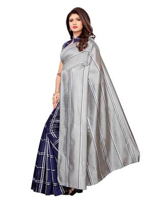 Navy blue woven chanderi saree with blouse 2